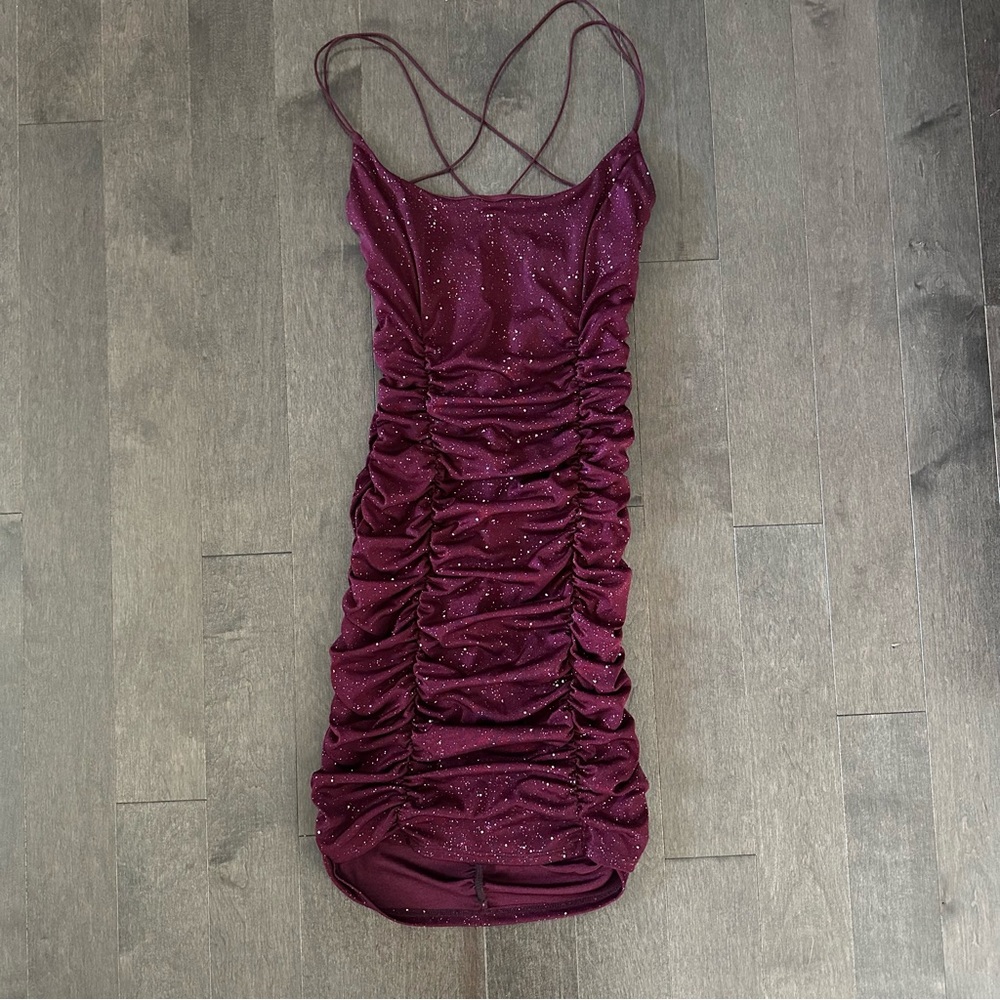 Windsor Burgundy Sparkle Ruched Mini Dress